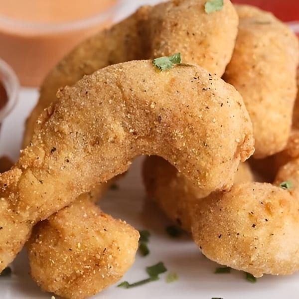 Close-up of golden-brown vegan fried shrimp, seasoned with pepper and garnished with herbs, next to dipping sauces.