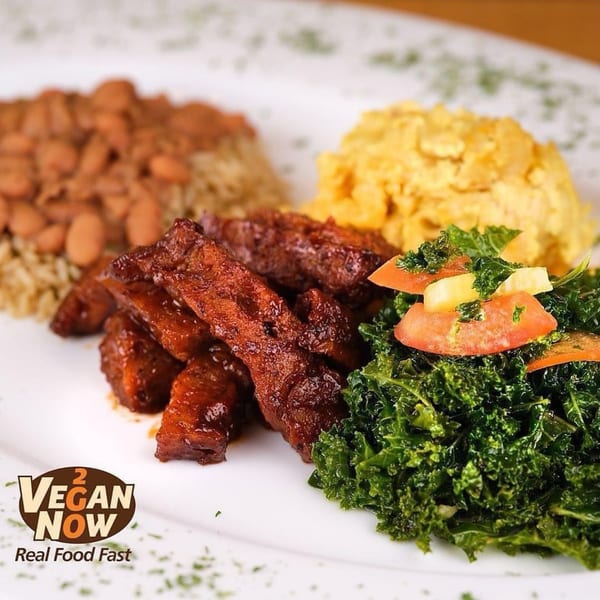 Vegan Now 2 Go meal with plant-based meat, rice and beans, mashed potatoes, and kale salad.