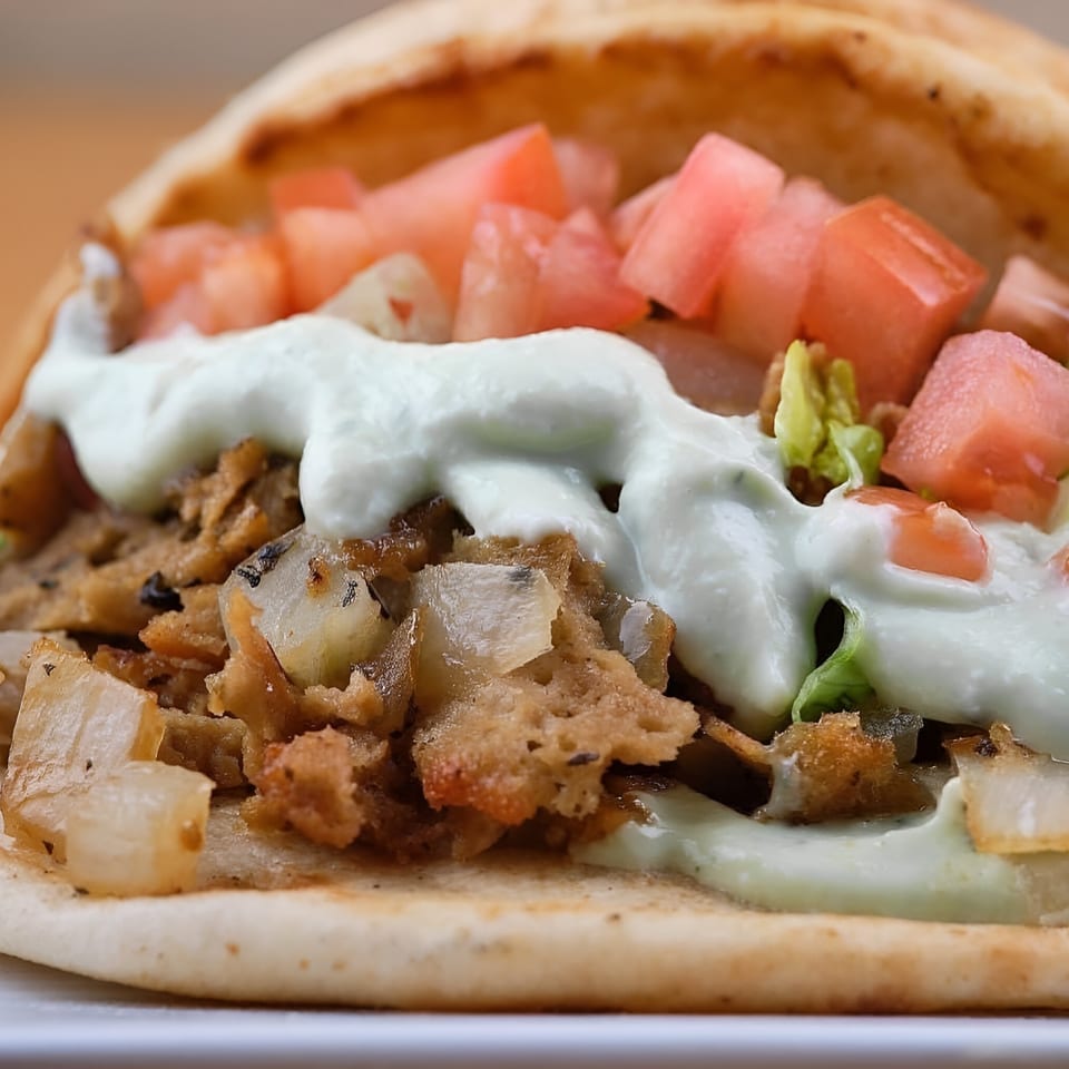 Close-up of a vegan gyro with plant-based meat, diced tomatoes, onions, and white sauce in pita bread.