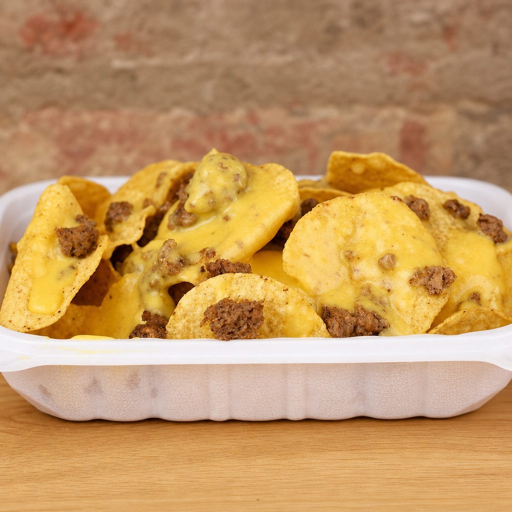 Mini Nachos with Cheese &Crumbles Seitan.