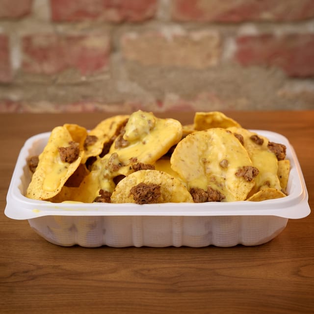 Mini Nachos with Cheese &Crumbles Seitan.